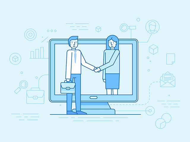 Graphic of man and woman shaking hands in computer