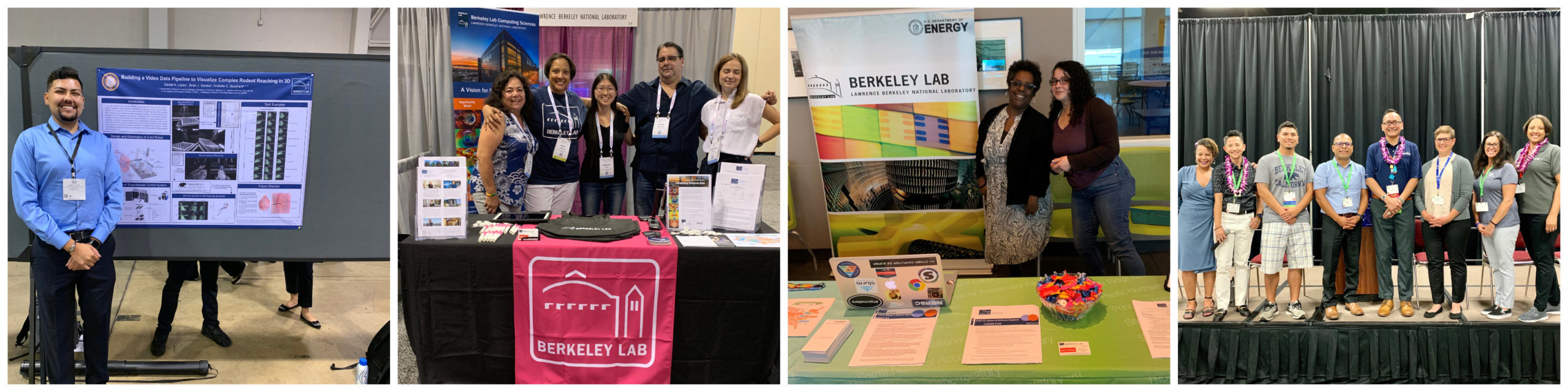 four pictures of Lab employees at different community events, promoting Lab activities, STEM and diverse employment opportunities; group photos at events