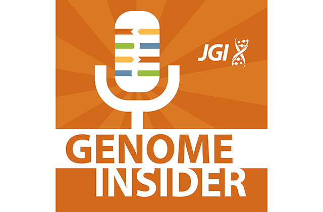 Art work showing microphone, JGI logo, and words Genome Insider.