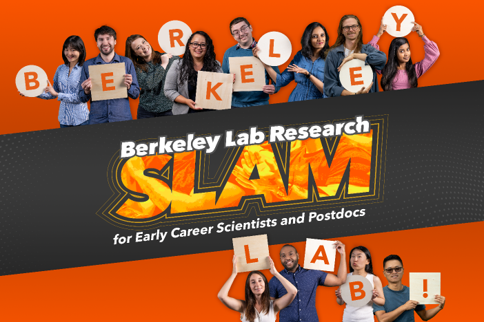 composite image of the twelve people holding letters that spell Berkeley Lab and surrounding a logo that says 2022 Berkeley Lab Research SLAM