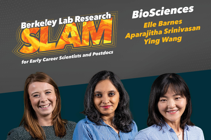 group portrait of Biosciences researchers Elle Barnes, Aparajitha Srinivasan, and Ying Wang with a logo for the Berkeley Lab Research SLAM