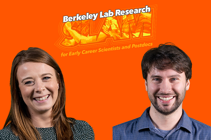 Headshots of Elle Barnes and Jean Luc Benz in front of the Berkeley Lab Research SLAM logo