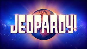 Jeopardy! game show logo (Jeopardy word with background of blue and pink/orange glowing Earth)