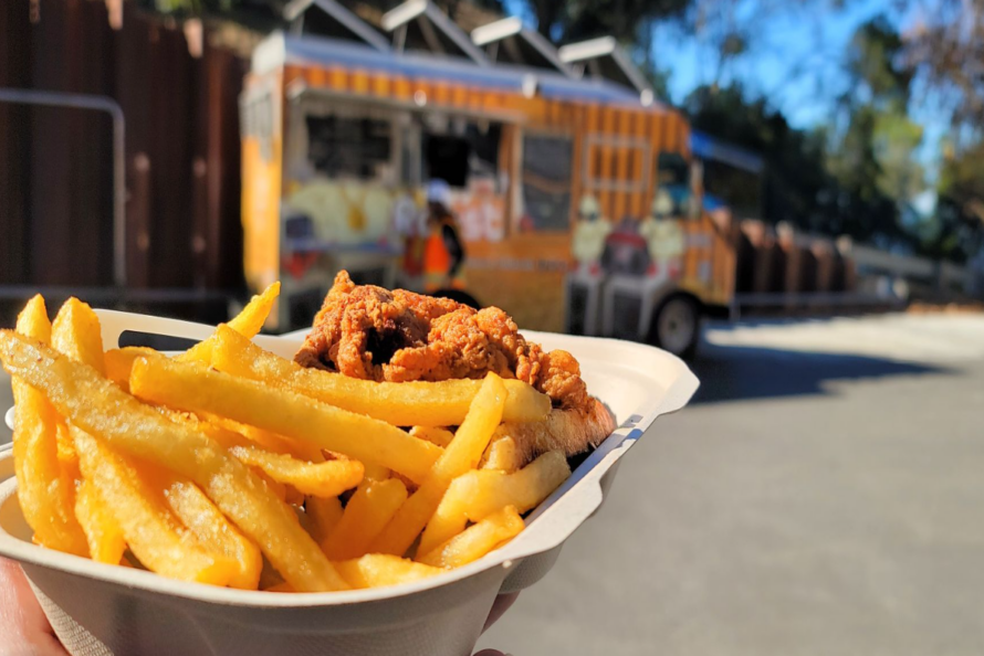 bowl of fries held in front of a food truck