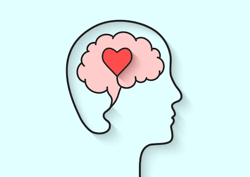 outline of a human head, with a pink brain and a red heart in the center