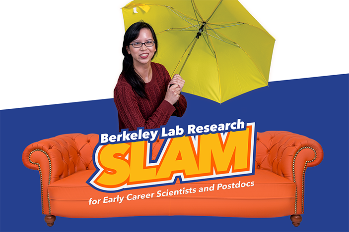 Researcher Vy Duong hold an umbrella and stands behind the Berkeley Lab Research SLAM logo