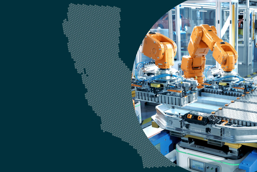 Robot manufacturing arm on a blue background that has an outline of the State of California