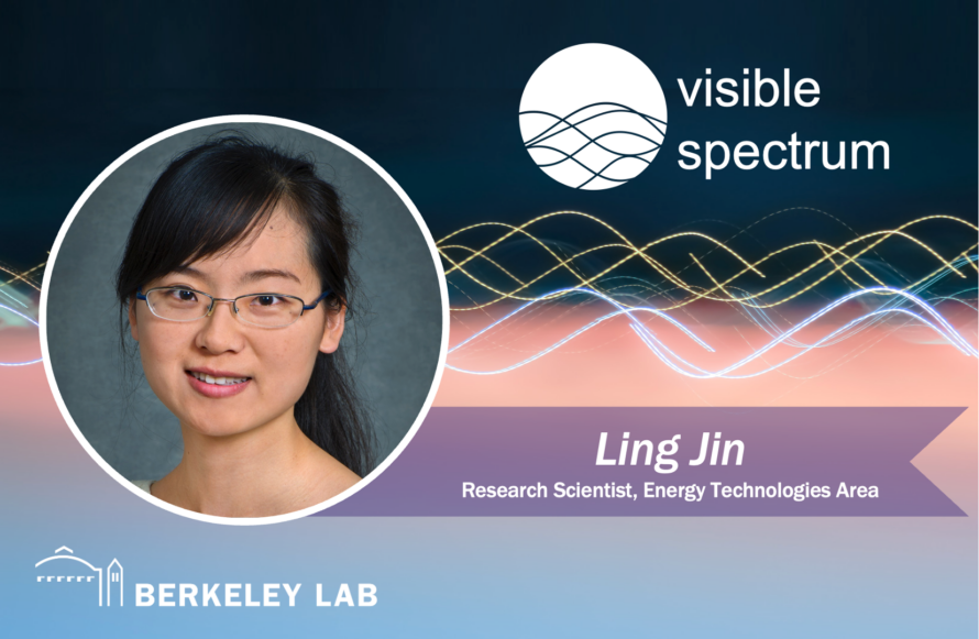 Headshot of Ling Jin with against blue, pink, purple background and Visible Spectrum logo