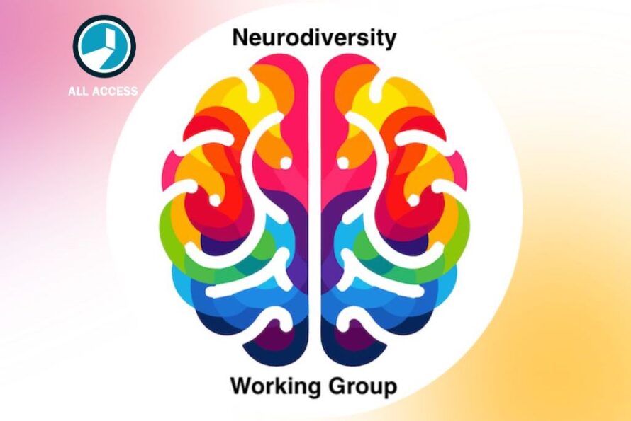 Multi-color drawing of brain on a circular white background on top of a gradient orange and pink background with the word neurodiversity at the top.