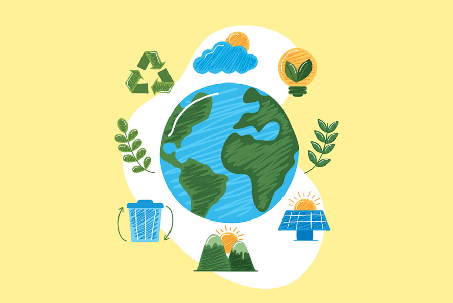 illustration of the Earth with colorful images regarding the environment and sustainability