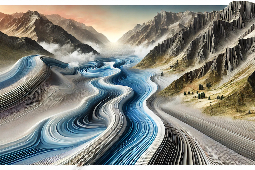 Surreal landscape with a textured, ribbon-like river winding through abstract mountains under a misty sky