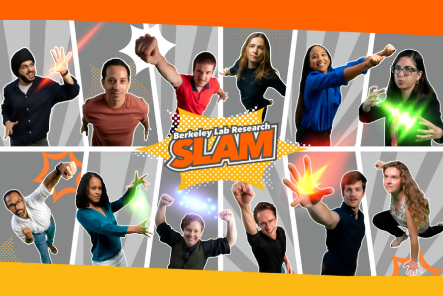 photo collage of twelve Berkeley Lab Research SLAM Finalists in superhero poses