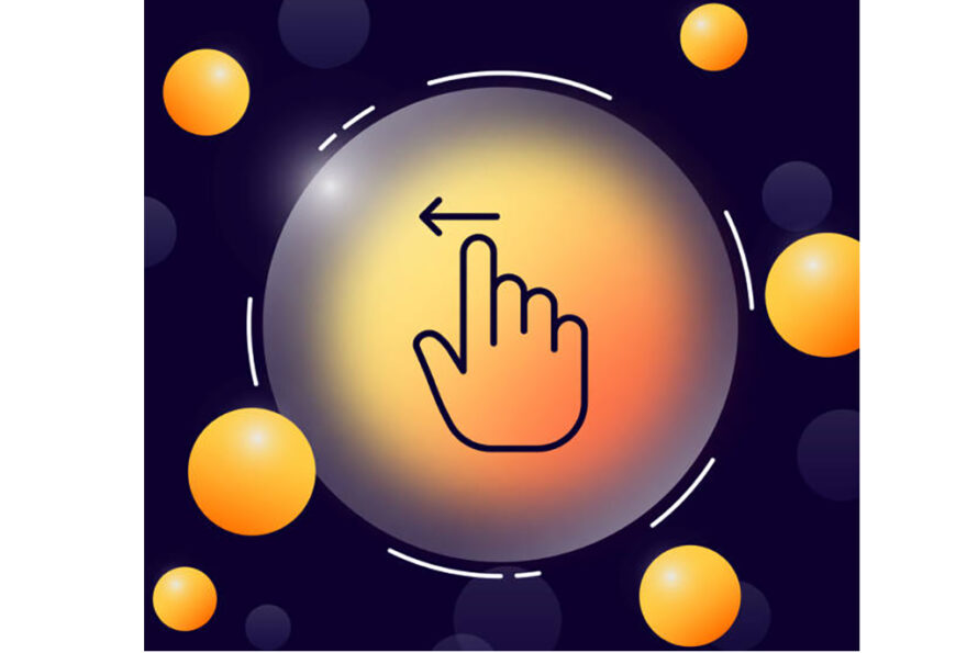 yellow circle with outline of hand and pointer finger pointing to arrow