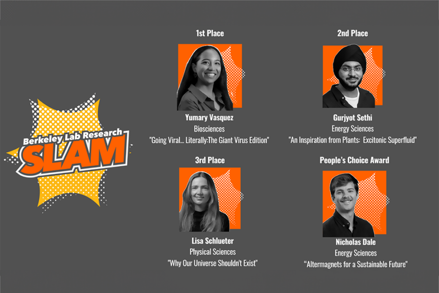 Headshots of four researchers who won the 2024 Research SLAM against a brown background with the Research SLAM logo