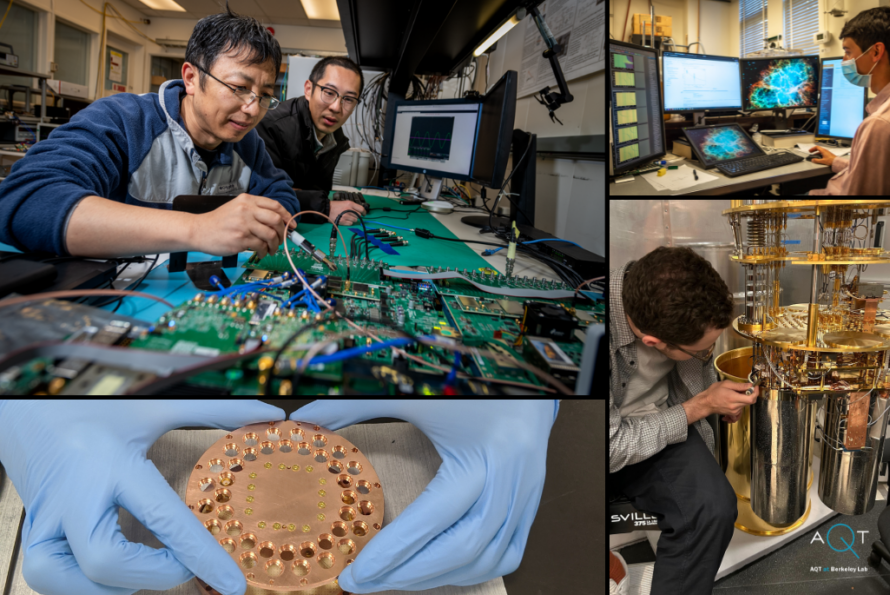 Collage of researchers working with advanced quantum computing equipment at Berkeley Lab's Advanced Quantum Testbed (AQT), featuring scientists analyzing data on computers, assembling quantum hardware, and handling delicate superconducting components.