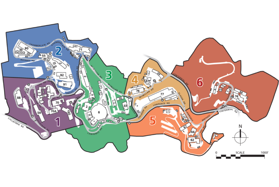 A map of the Lab's hill site, showing six zones in different colors.