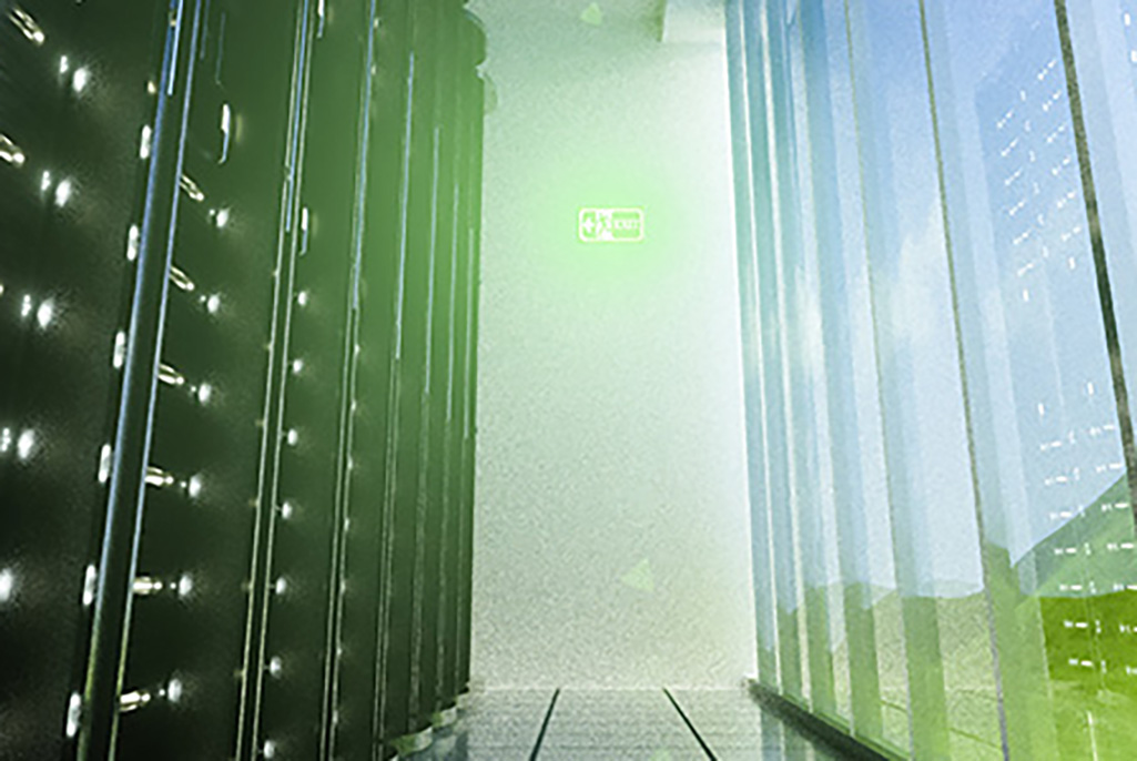Stock image of computers in green tones.