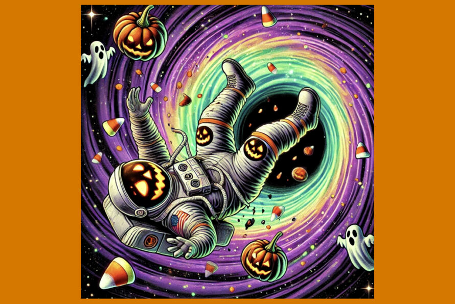 Colorful drawing of astronaut again swirling galaxy with Halloween symbols circling around