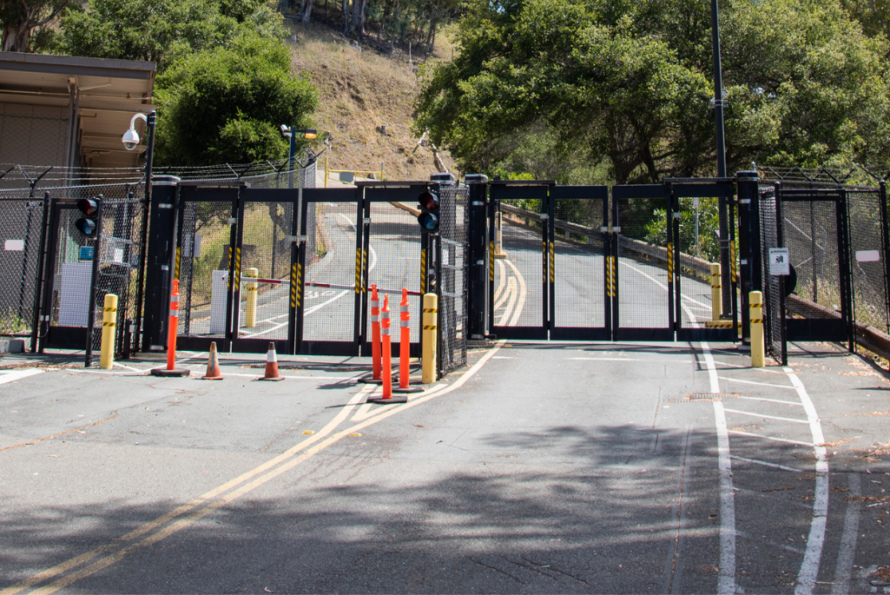 A vehicle gate shown from the road