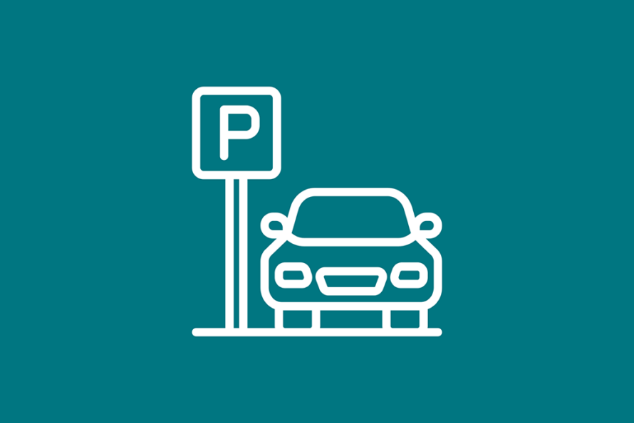 Icon of a car and a parking sign in white with a teal background