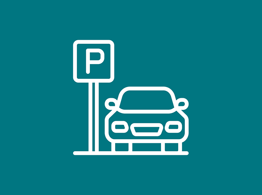 Icon of a car and a parking sign in white with a teal background