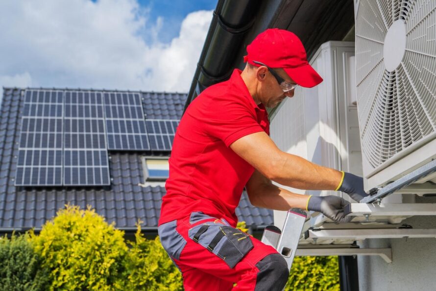 Person on ladder wearing red work suit