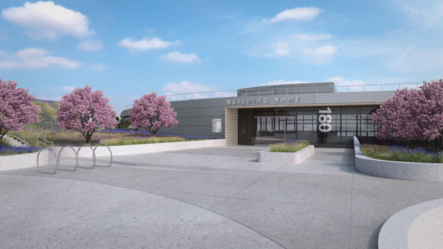 artist rendering of the main entrance of the new Seismic Safety and Modernization building