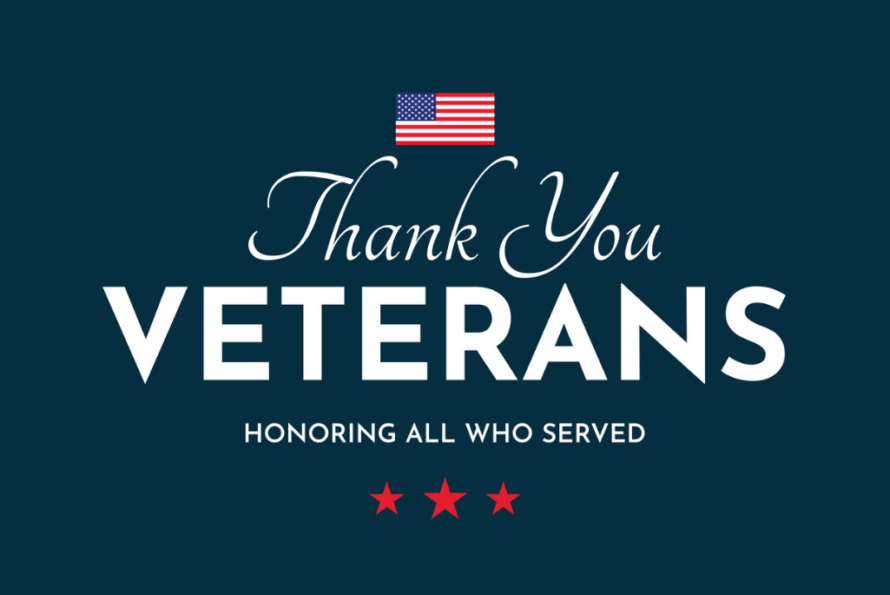 Thank You Veterans, Honoring All Who Served is written in white font on a blue background with red stars and an American flag decorations