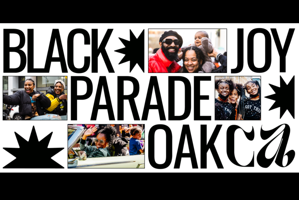 Large capitalized words BLACK JOY PARADE OAK CA with photos of persons celebrating