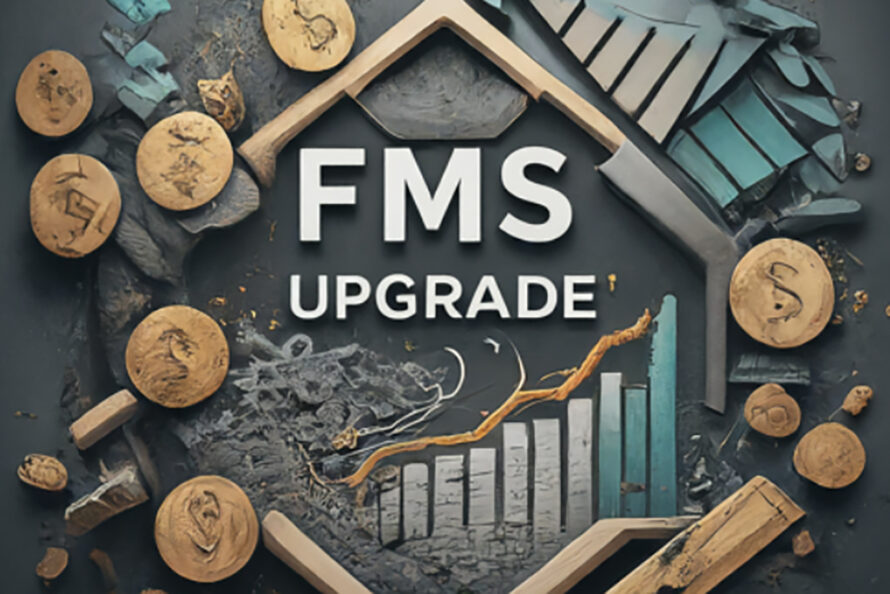 Text FMS upgrade on background of gold and teal objects