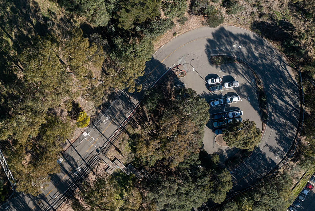 Aerial view of curved road with trees on both sides of the road.