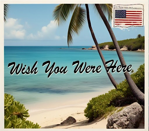 Postcard of beach scene with words Wish You Were Here.