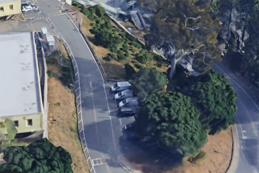 Overhead image of trees outside a building
