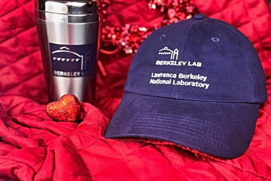 Photo of steel tumbler and blue baseball hat on red background