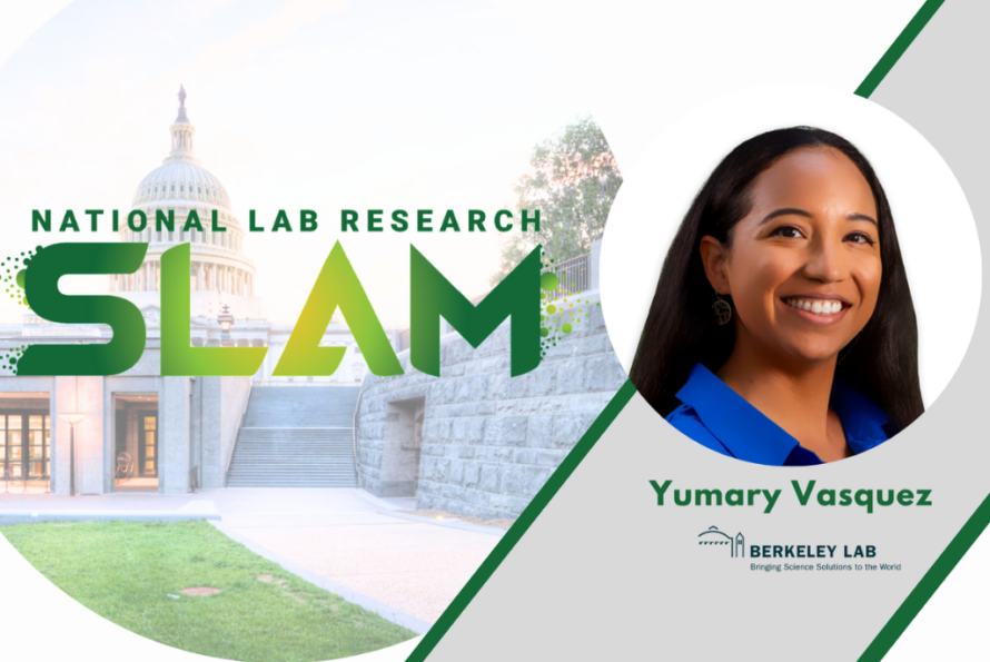 A portrait of researcher Yumary Vasquez superimposed over the white, grey, and green National Lab SLAM logo