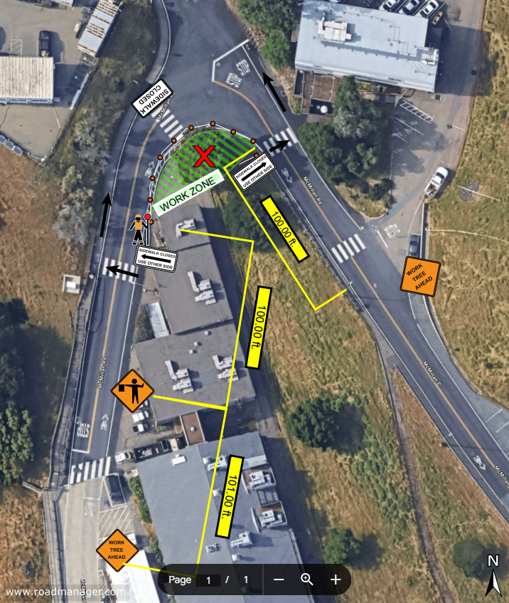 Aerial map with markings showing road impact