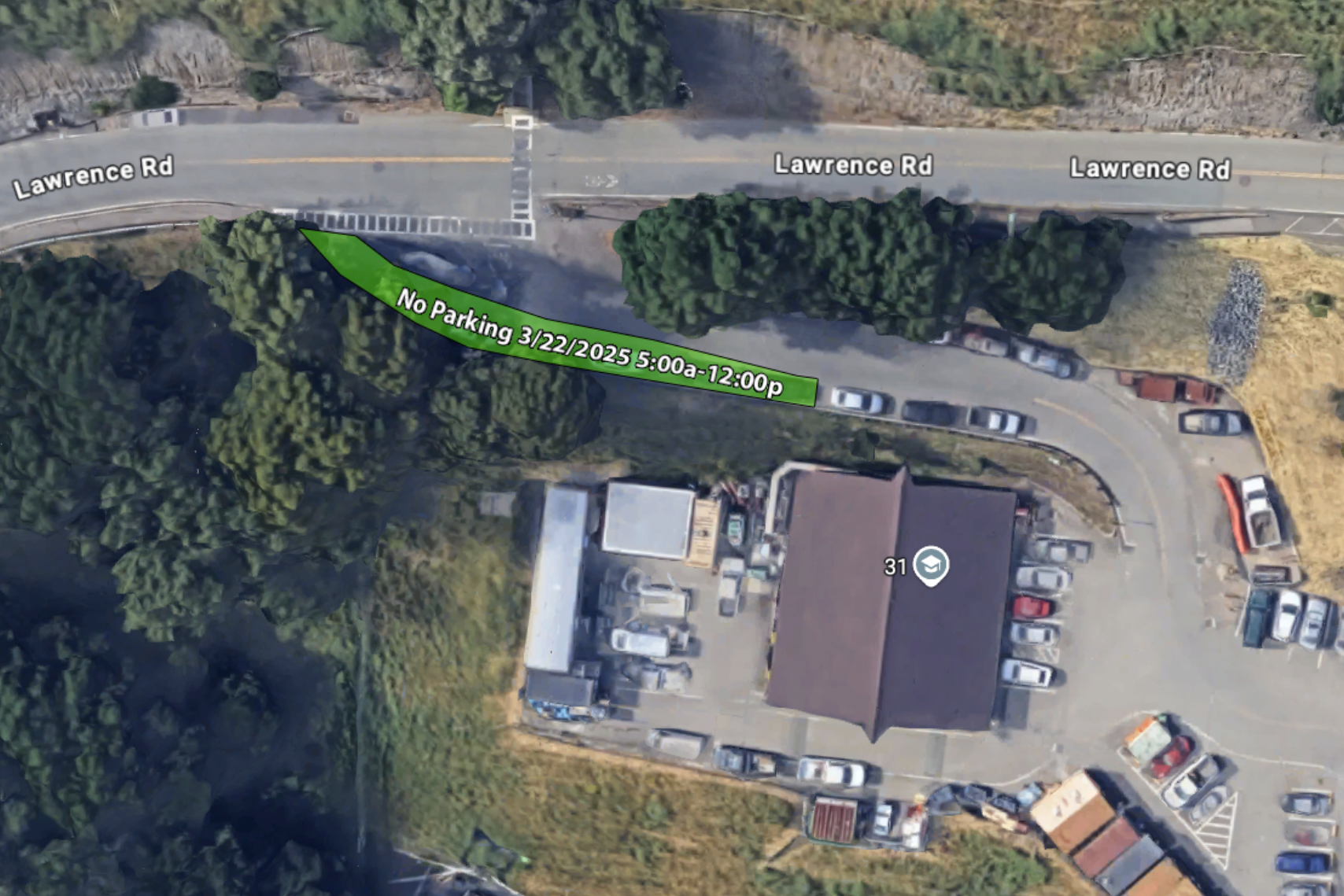 Aerial map with markings showing road impact