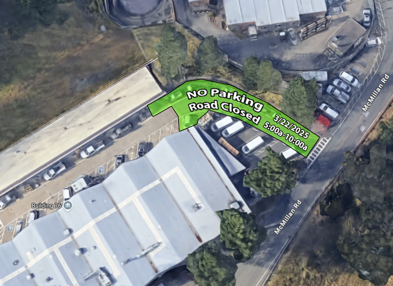 Aerial map with markings showing road impact
