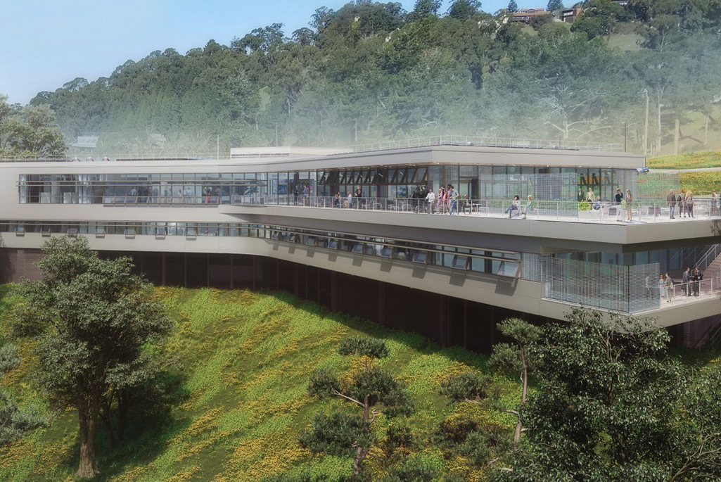 Exterior view rendering of the Collaboration Commons on the hillside.