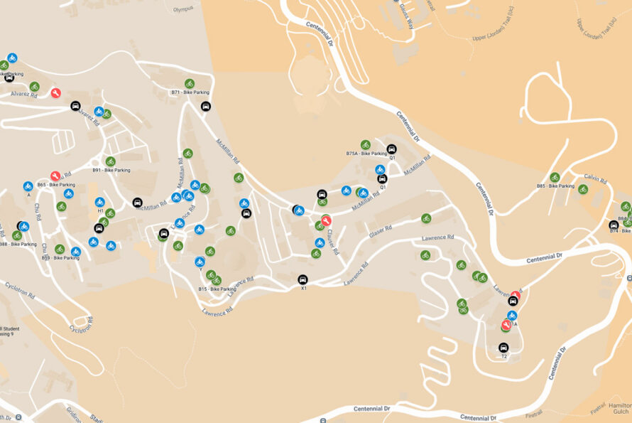 Screenshot of Lab commute parking map with signs indicating bicycle parking spots, fix-it stations, carpool and motorcycle parking spaces across the Lab hill site.