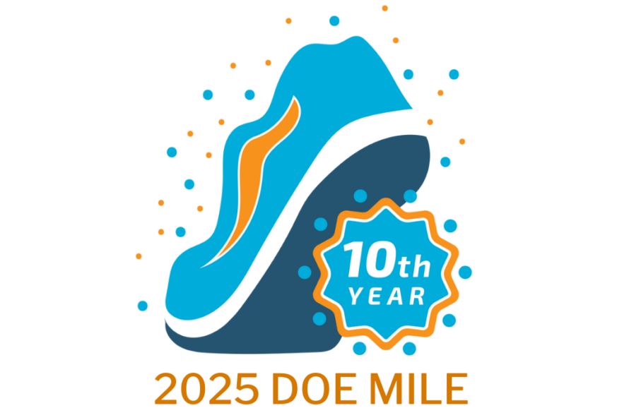 Blue and orange tennis shoe logo of the DOE Mile with a 10th year medallion