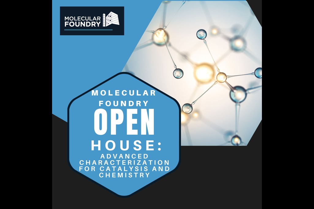 Graphic element with words "Molecular Foundry Open House" and logo in background with words "Molecular Foundry".