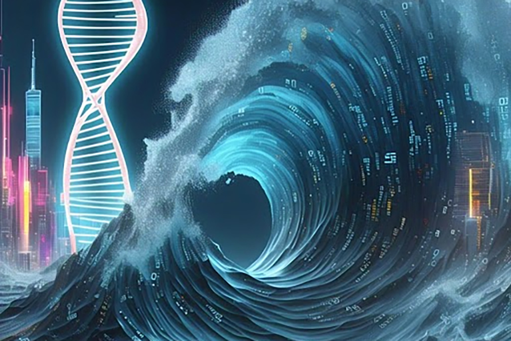 AI generated image of ocean wave with genetic material in background