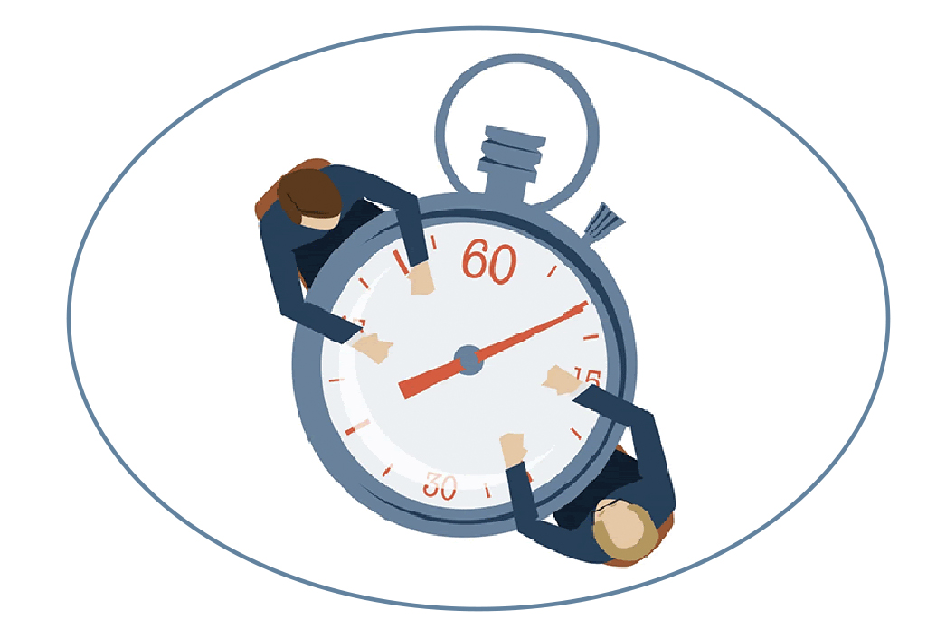 Graphic art overhead view of two persons seated across from one another on table that resembles a stopwatch.