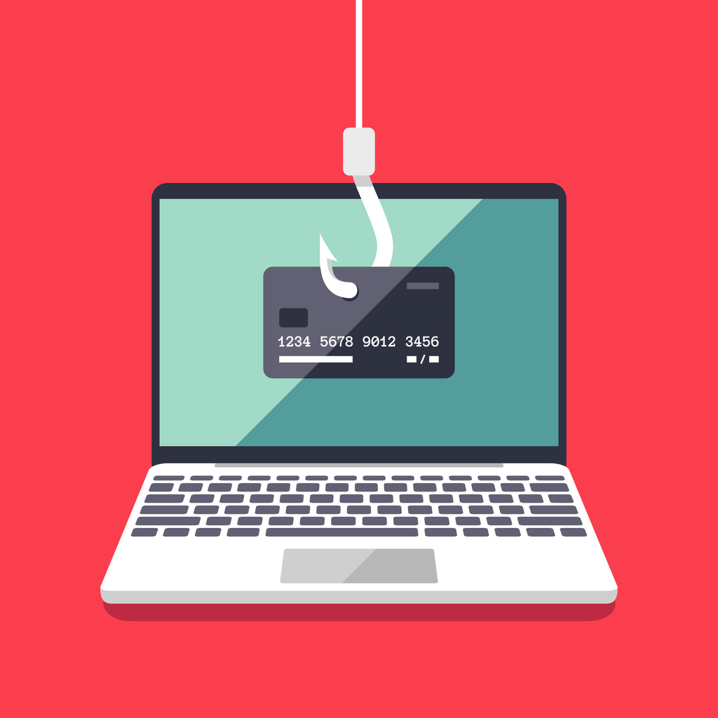 Graphic art of open laptop computer with fishing hook through image of credit card.