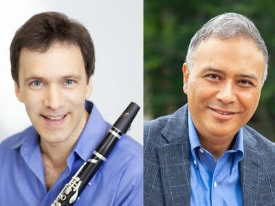 Split screen of two headshots: one of a smiling person with dark hair in a blue shirt holding a black clarinet across their chest, and the other person with short gray hair wearing a gray suit.