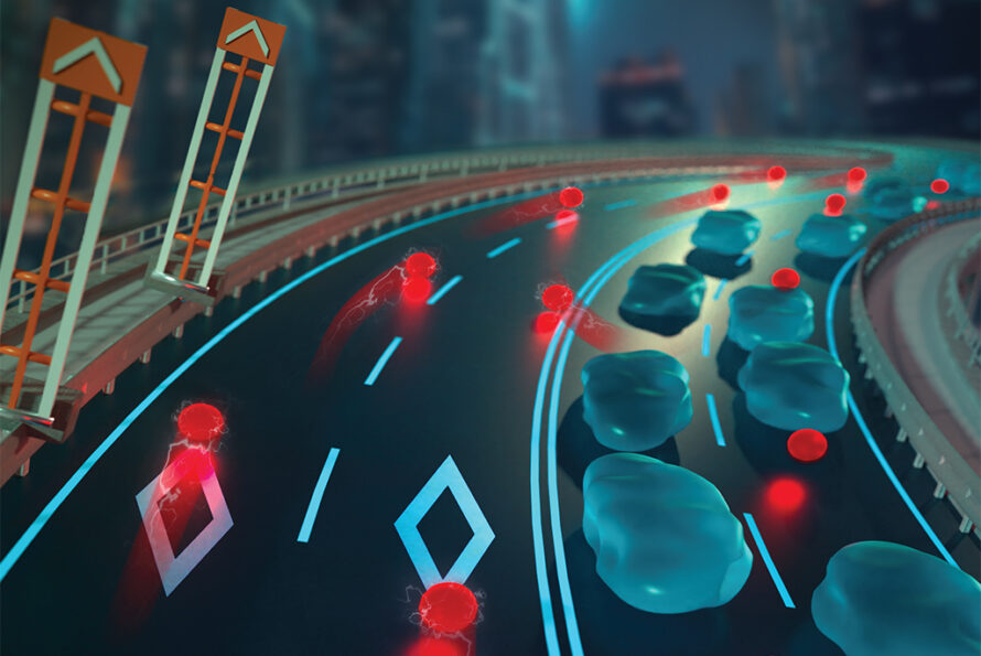 Computer graphic of highway with red and white electrons and ions traveling in both directions.