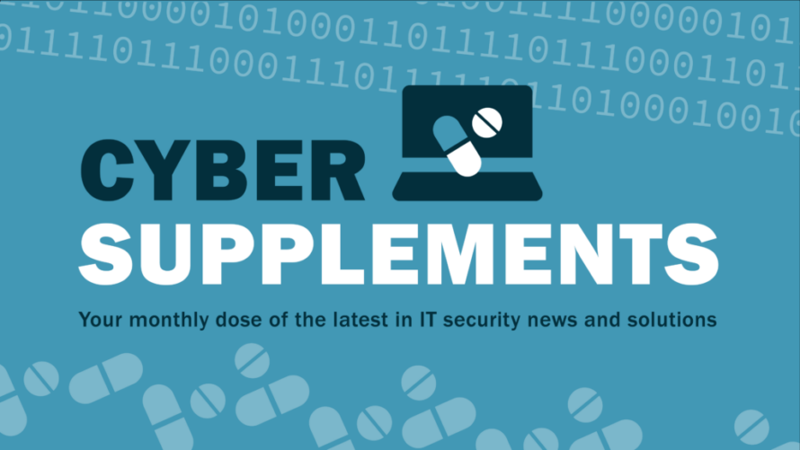Logo graphic of computer overlaid with image of medical pills with words Cyber Supplements.