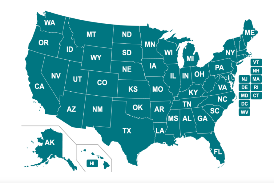 Teal-colored map of the U.S. with white name abbreviations on each state.