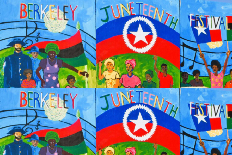 Six-panel illustration of persons holding flags with words Berkeley Juneteenth Festival.